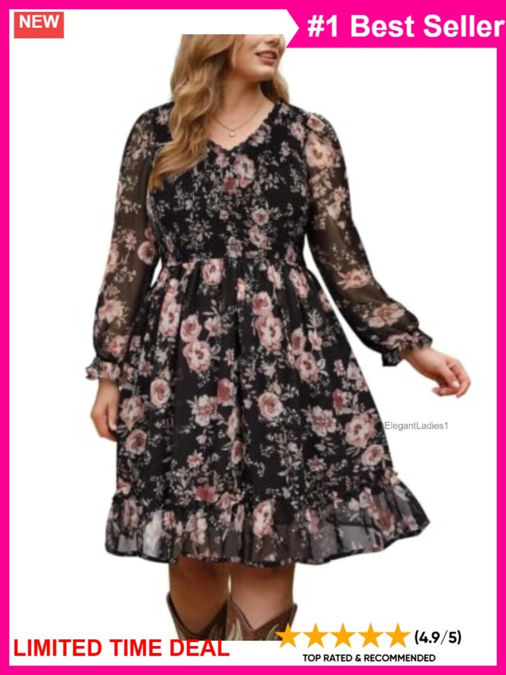 Plus Size Chiffon Midi Dress Floral Smocked Long Sleeve Dress